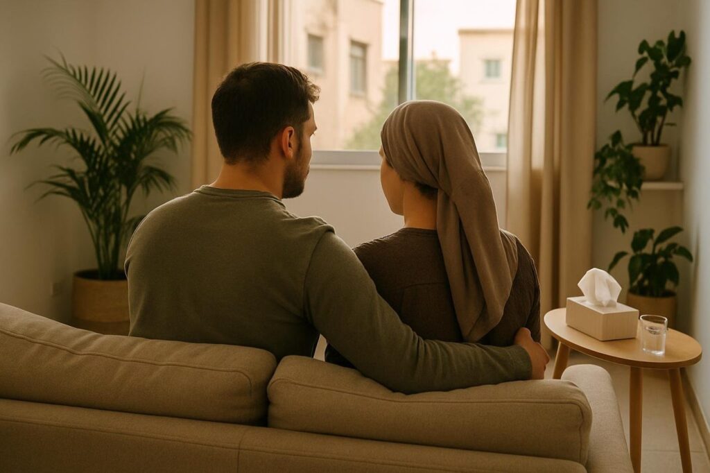 ייעוץ זוגי בקליניקה בקריית מלאכי, זוג יושב על ספה בחדר שקט