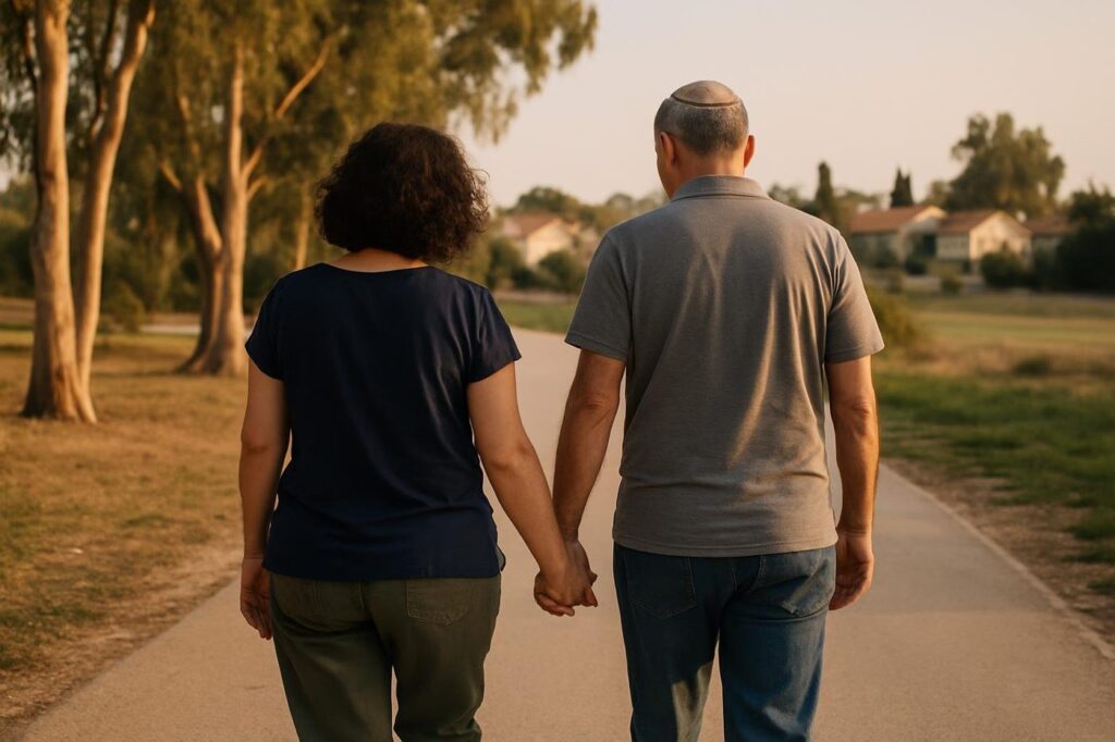 זוג הולך יחד בשביל בפארק בשקיעה אחרי ייעוץ זוגי
