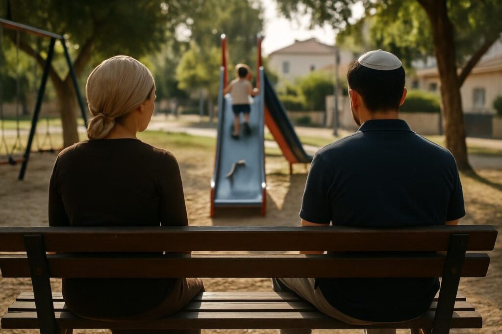 גישור גירושין בהסכמה, הורים יושבים על ספסל בגן שעשועים ומביטים בילד