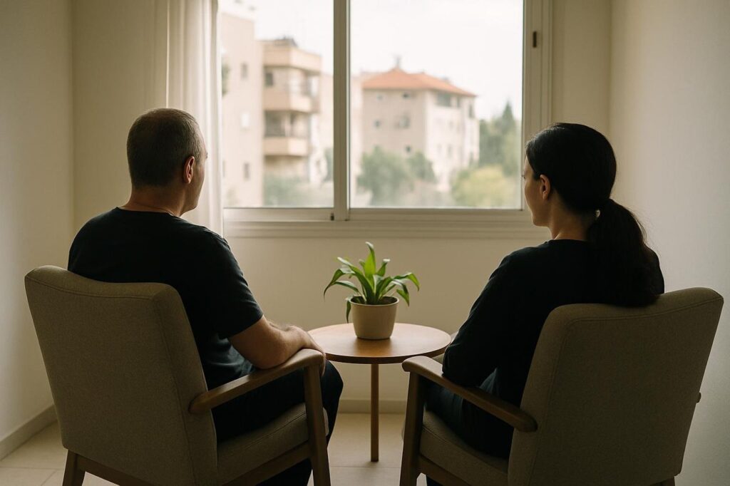 הליך גישור גירושין, בני זוג יושבים בשתי כורסאות נפרדות מול חלון
