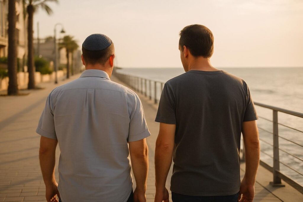 סכסוך משפחתי בין אחים, שני אחים בוגרים הולכים יחד בטיילת מול הים