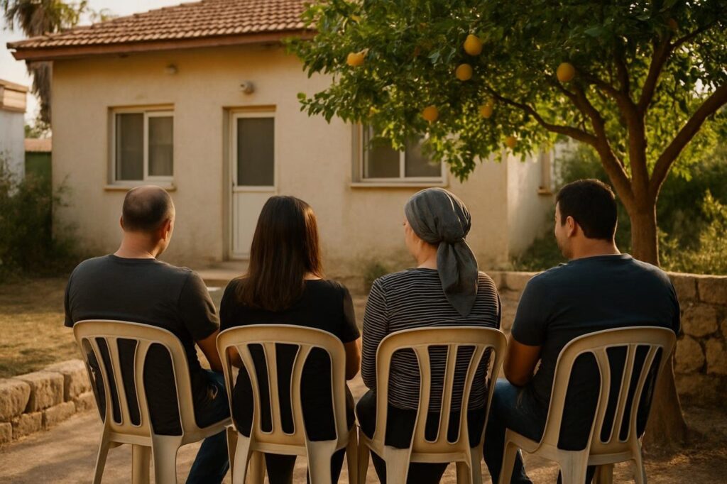מגשרת משפחתית בקריית מלאכי, אחים יושבים יחד בחצר בית ומדברים