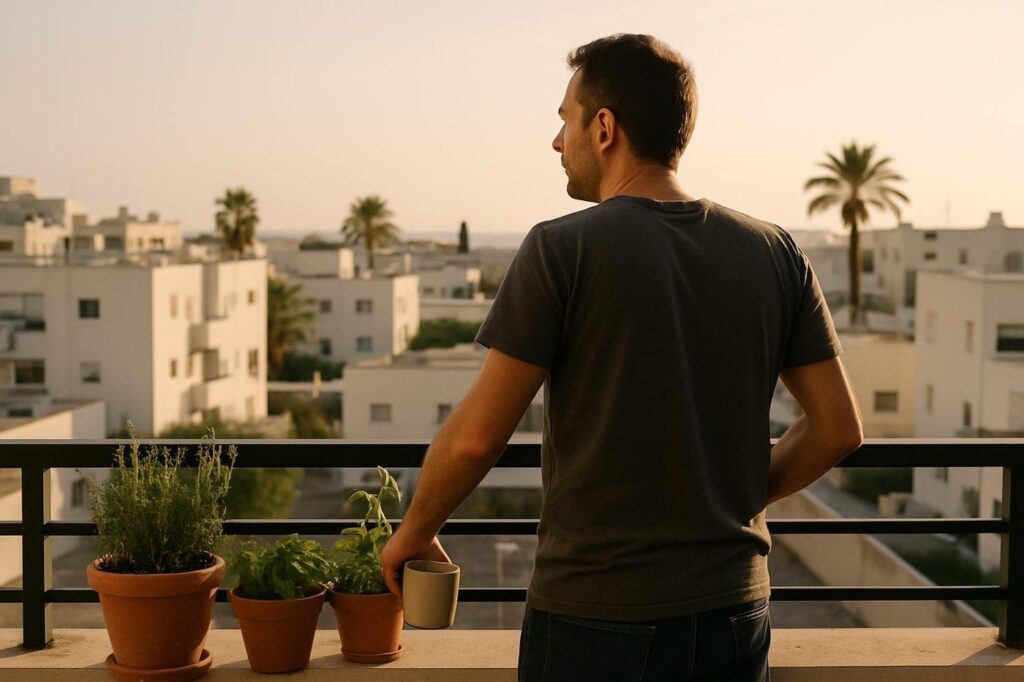 אימון אישי לחיים, אדם עומד במרפסת ומביט קדימה באור בוקר