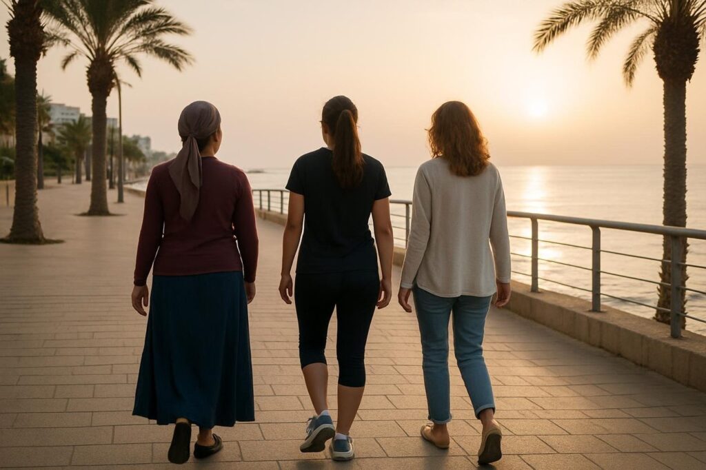 קבוצת תמיכה לנשים, חברות הולכות יחד בטיילת לאורך הים בבוקר